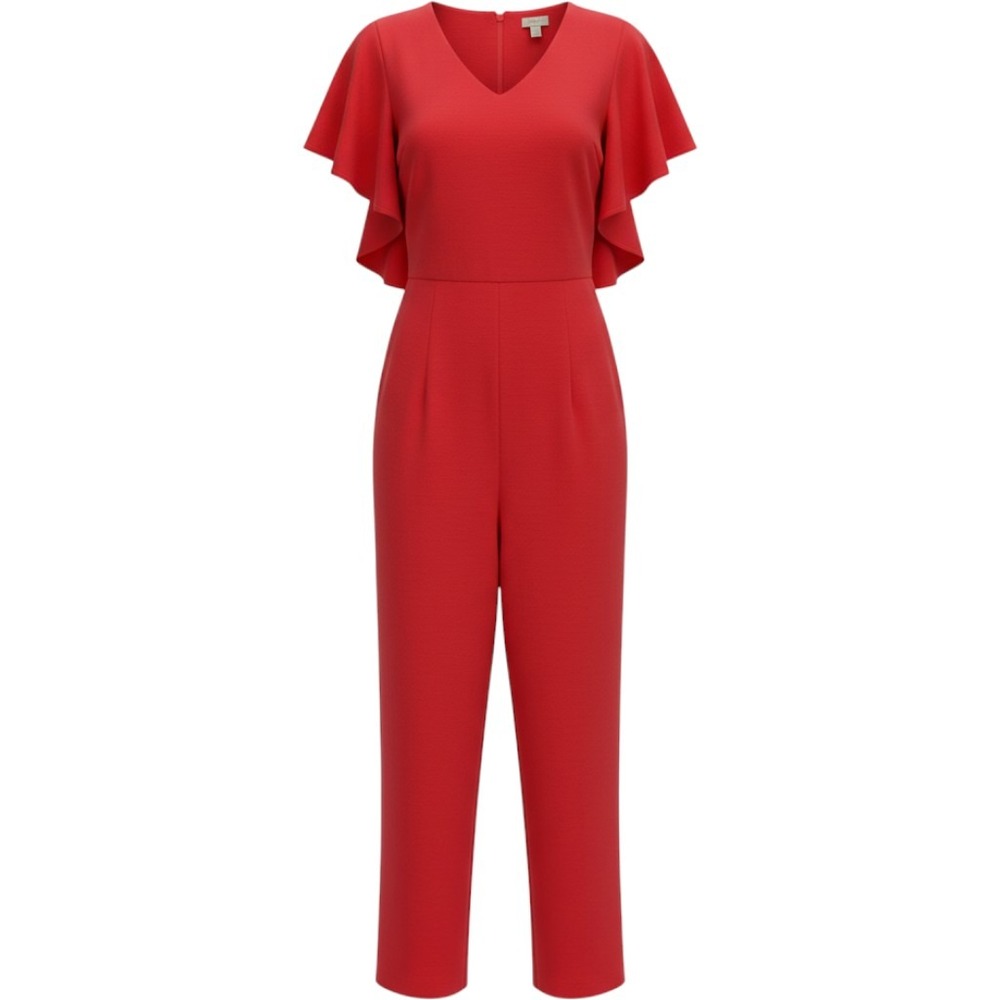 Chico's Red Ruffle Tiered Sleeve V-Neck Wide Leg Jumpsuit with Pockets Size 0